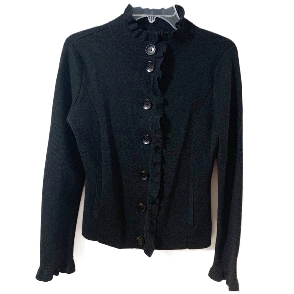 Semantiks Merino Wool Blend Cardigan Sweater Ruffled Collar Sleeves and Front ⬛️